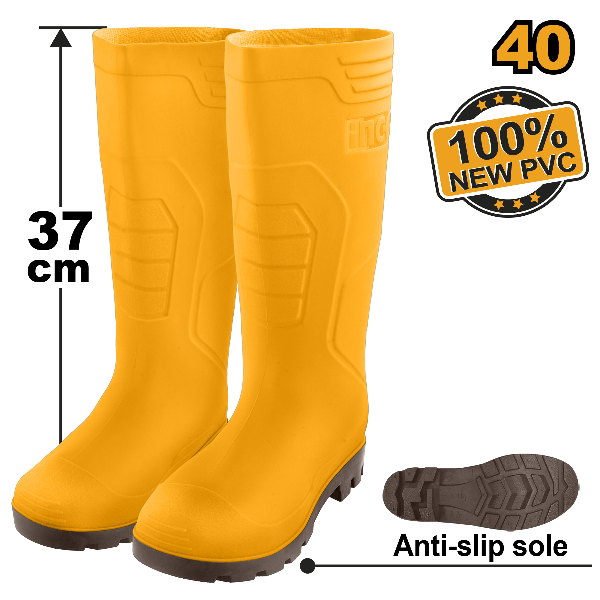 INGCO 100% New PVC, Anti-Slip Sole, 37CM Rain Boots - SSH092L SIZES 39, 40, 41, 42, 43, 44, 45, 46