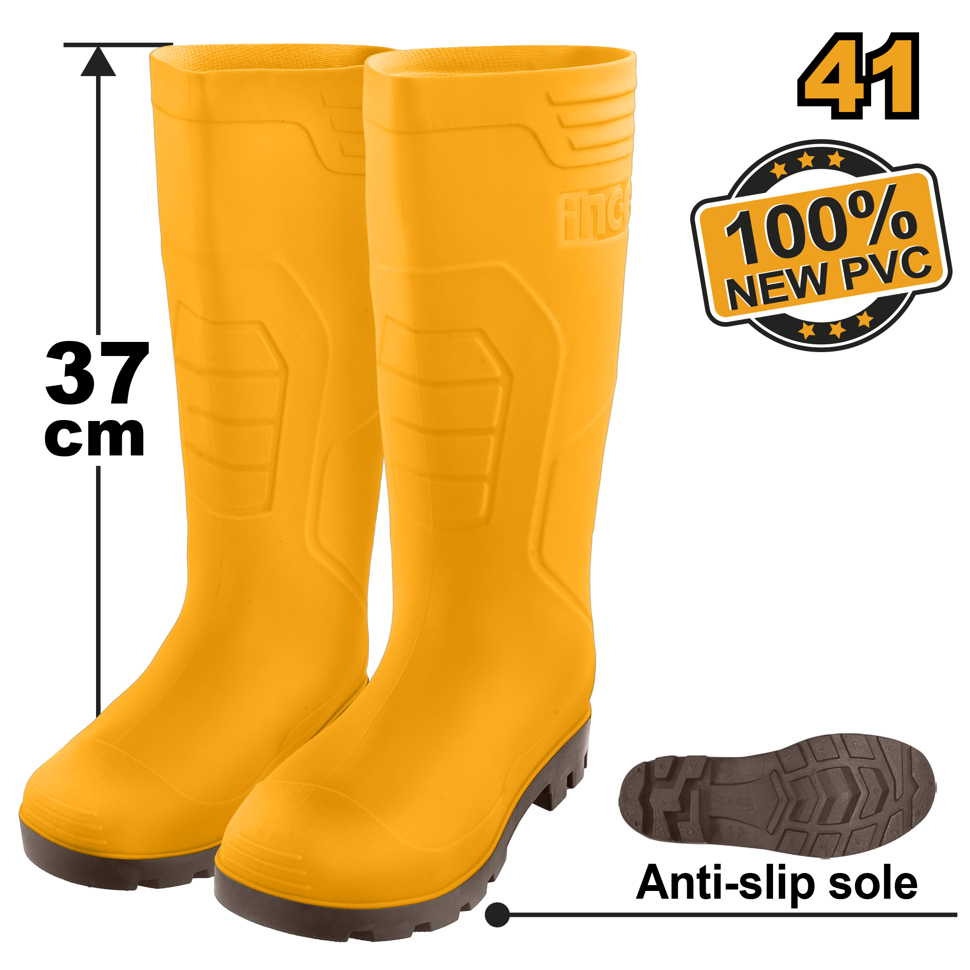INGCO 100% New PVC, Anti-Slip Sole, 37CM Rain Boots - SSH092L SIZES 39, 40, 41, 42, 43, 44, 45, 46