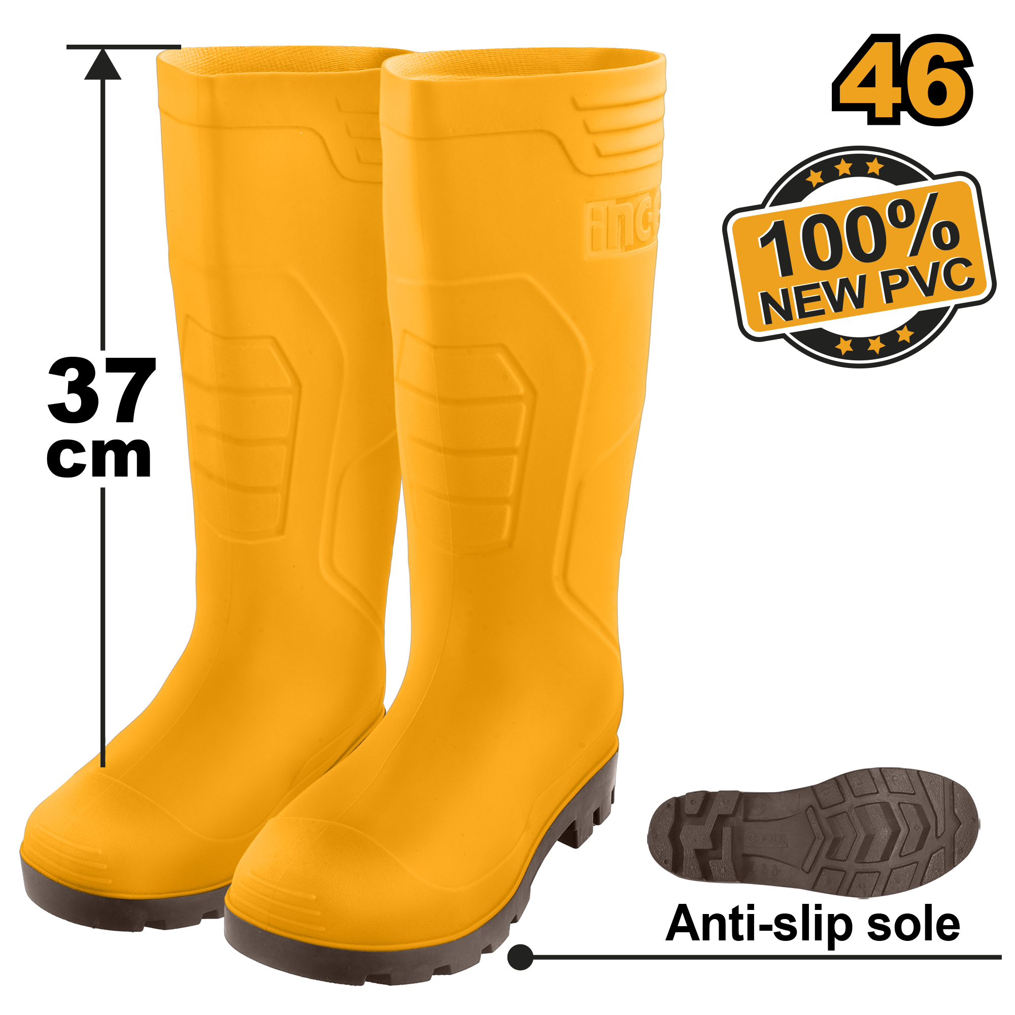 INGCO 100% New PVC, Anti-Slip Sole, 37CM Rain Boots - SSH092L SIZES 39, 40, 41, 42, 43, 44, 45, 46