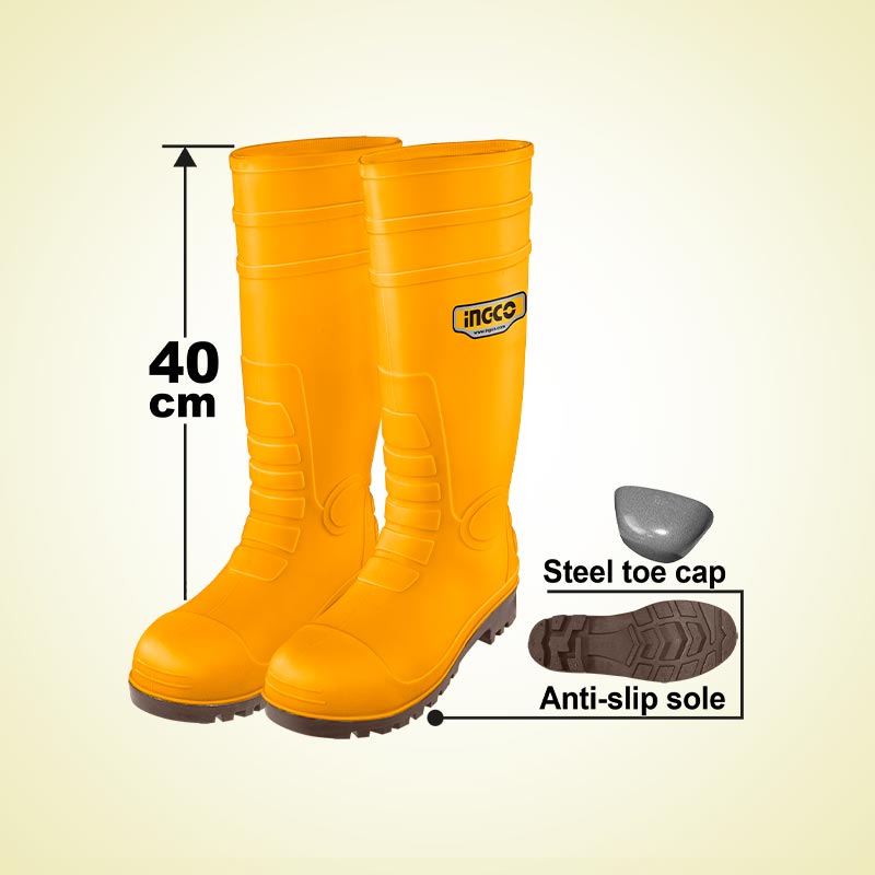 INGCO 100% New PVC, Anti-Slip Sole, Steel Toe Cap, 40CM Safety Boots - SSH092SB.42, 43, 44 & 45
