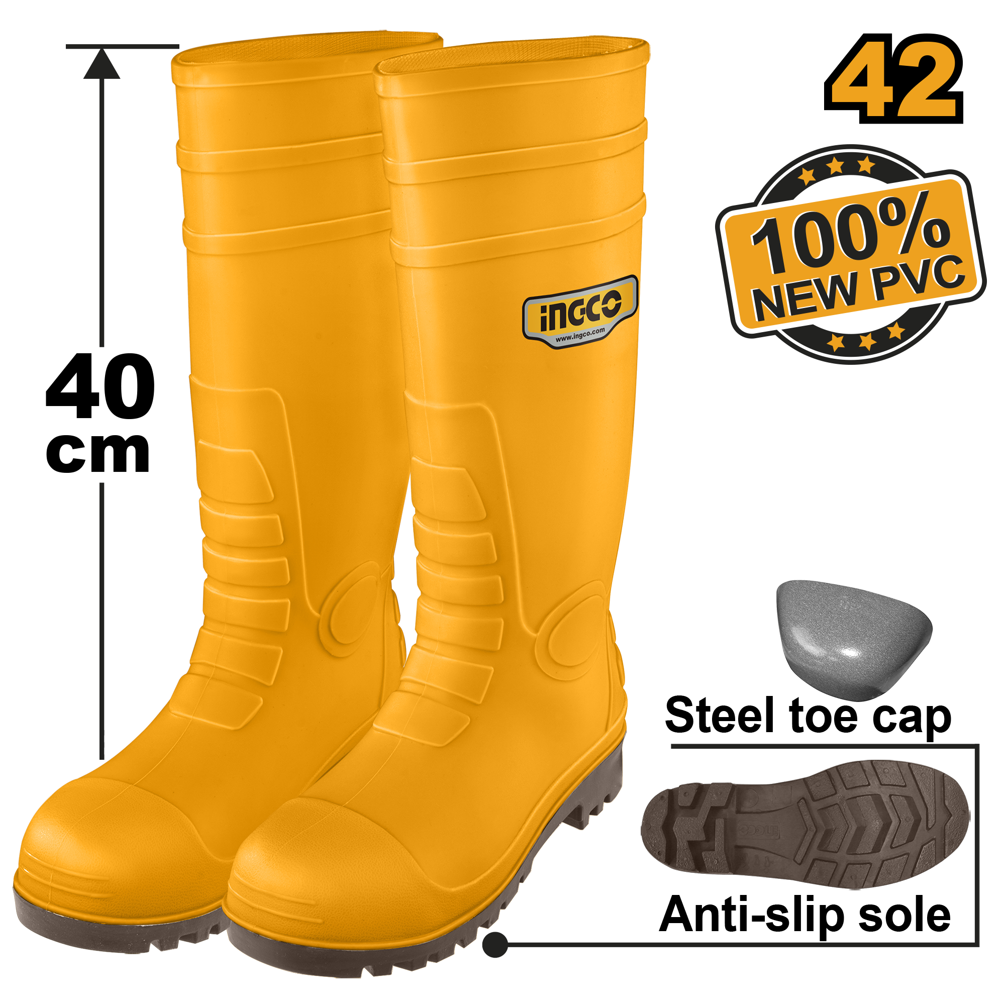 INGCO 100% New PVC, Anti-Slip Sole, Steel Toe Cap, 40CM Safety Boots - SSH092SB.42, 43, 44 & 45 Main image