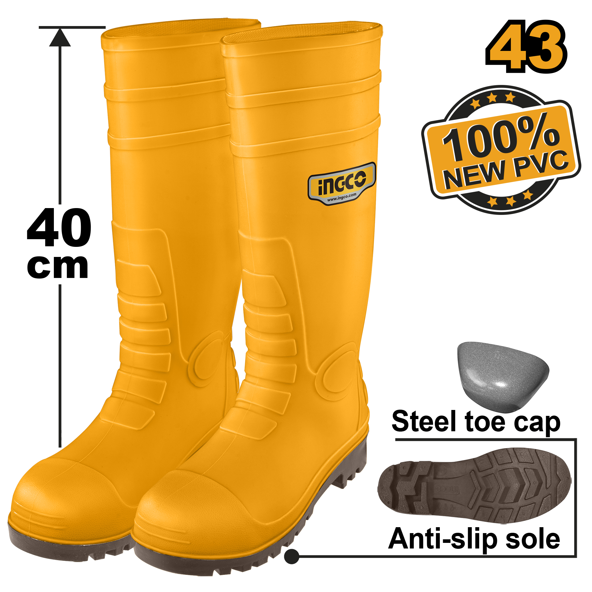 INGCO 100% New PVC, Anti-Slip Sole, Steel Toe Cap, 40CM Safety Boots - SSH092SB.42, 43, 44 & 45