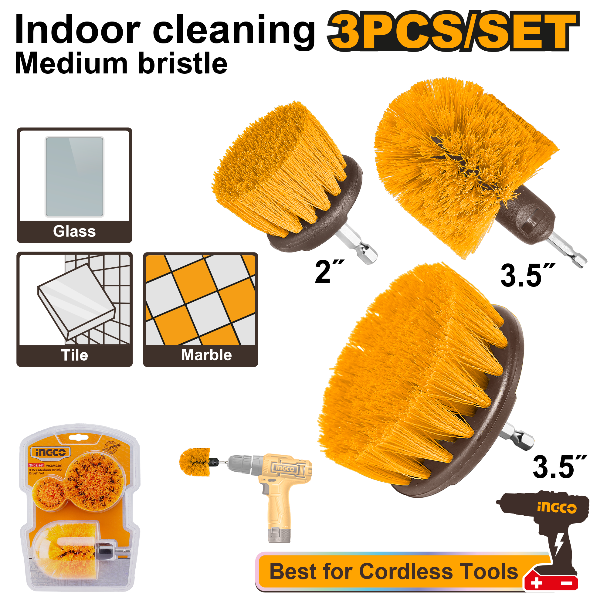 INGCO 3 Pcs Medium Bristle Brush Set - WCBM0301 Main image