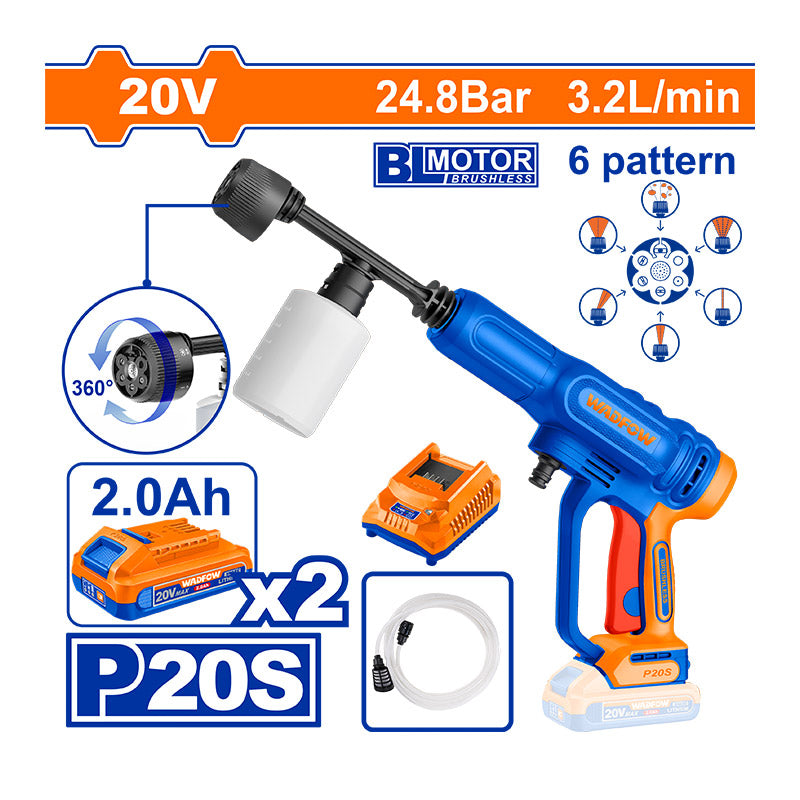 WADFOW 20V, 24.5Bar, 3.2L/min Cordless Pressure Washer + 2 Batteries - WQX11203