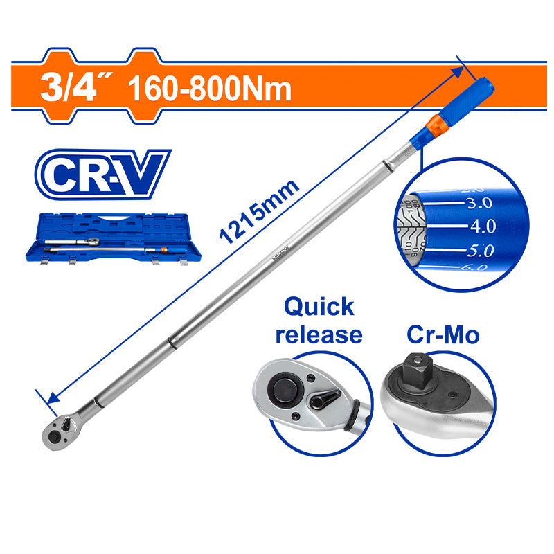 WADFOW 3/4", 160-800Nm Preset Torque Wrench - WWQ4D34